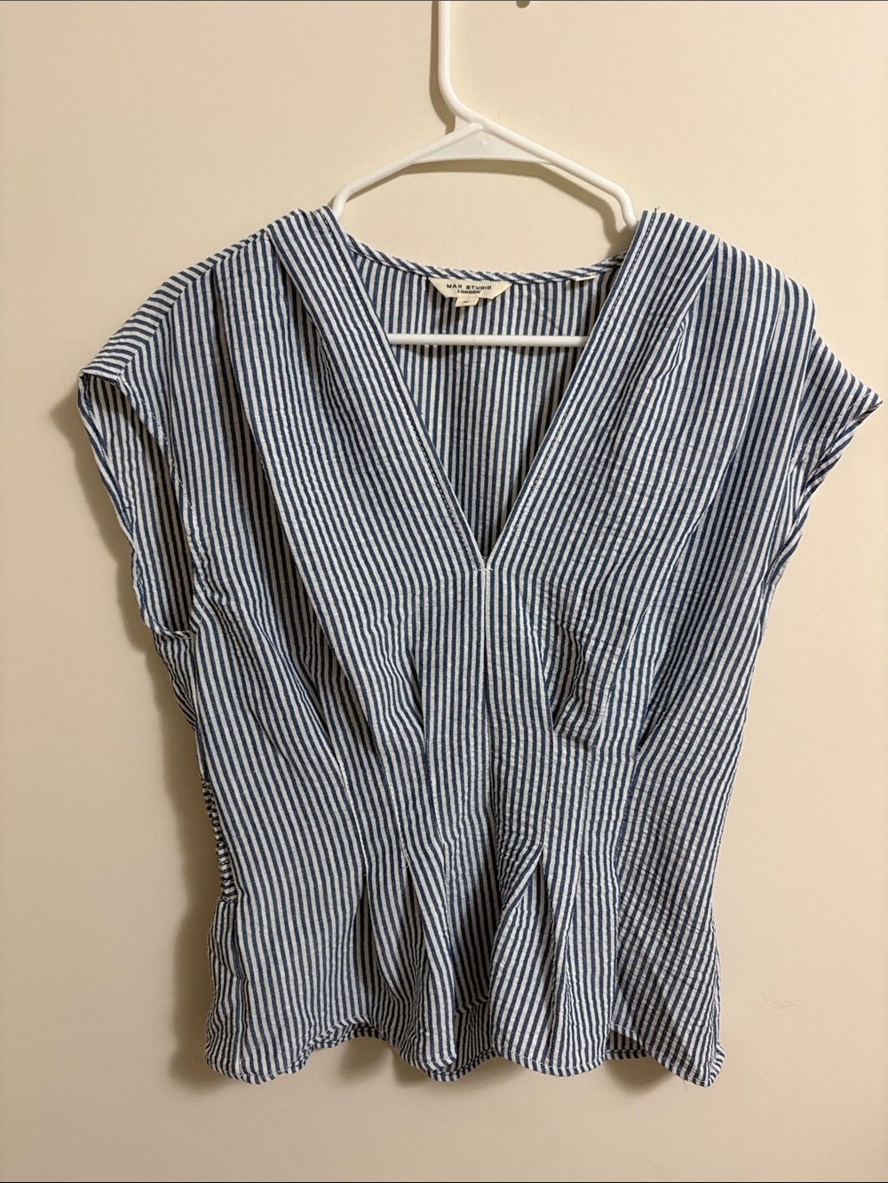 Max Studio Blue and White Striped V-Neck Blouse